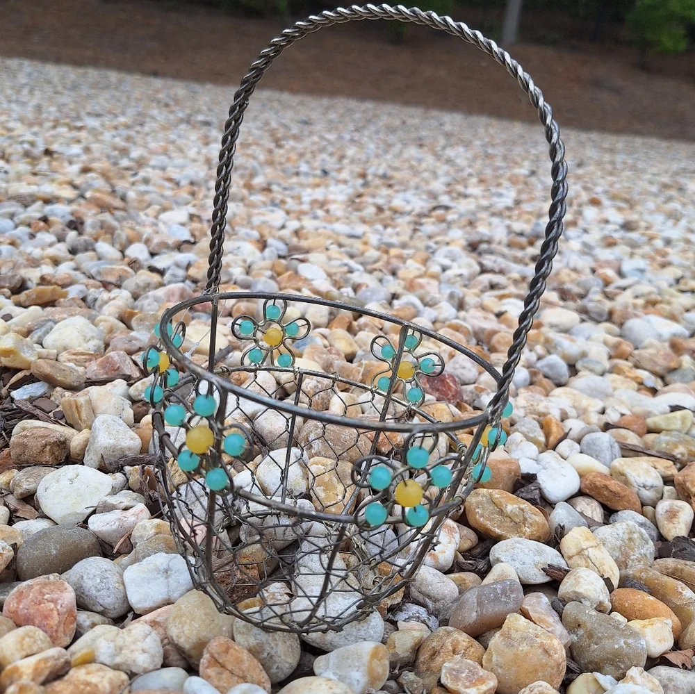 Beaded Easter Basket Silver Metal Woven Steel Aluminum Container w Handle Silver